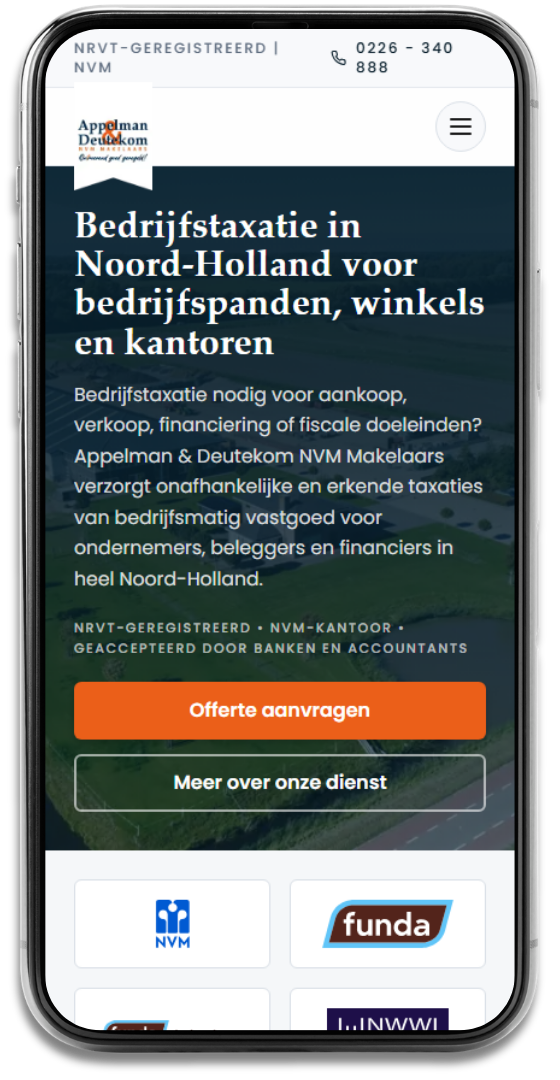 Mobiele weergave van de A1D Bedrijfstaxaties website
